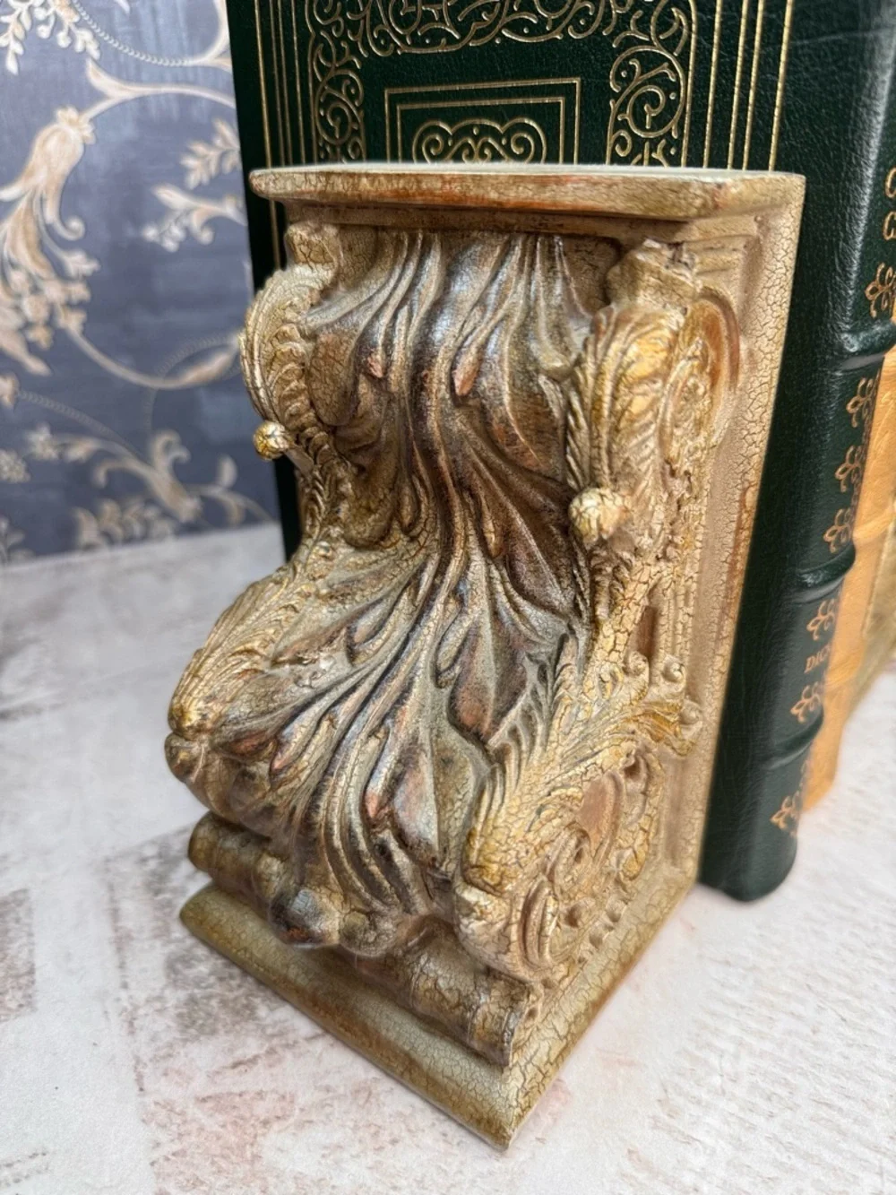 Vintage Ornate Bookends Faux Bois Resin Wood Gilt Scroll Pair